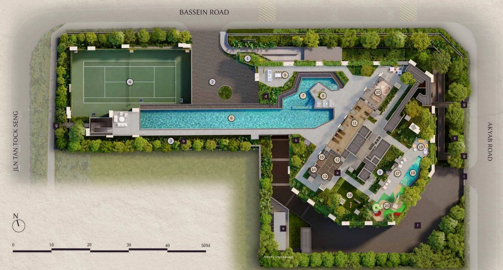 The Serra Residences level 2 and 3 facilities plan, Bassein Road to the north, Akyab Road to the east and Jalan Tan Tock Seng to the west
